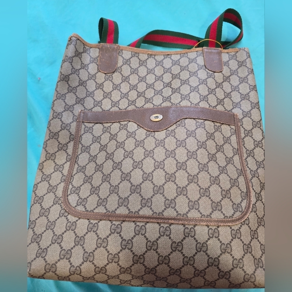 Gucci Monogram Tote Bag with Sherry Line Red and Green Straps - Picture 5 of 14